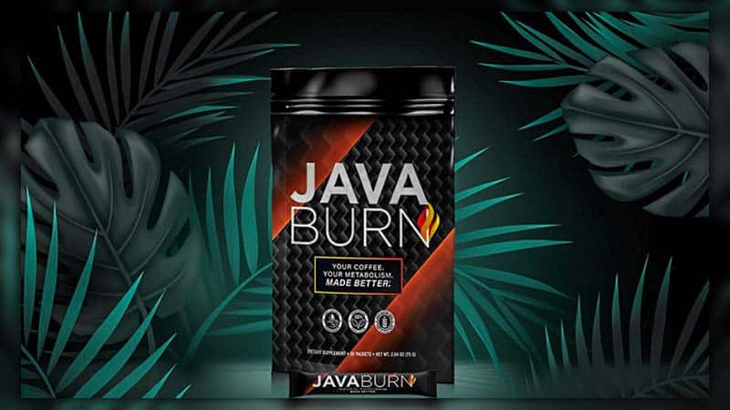Java Burn supplement bottle on a wooden table with a cup of coffee and a plate of fruits in the background.