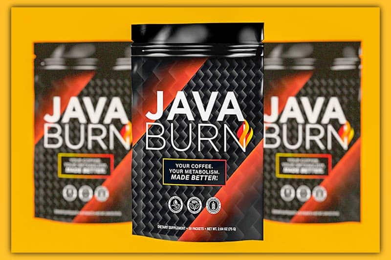 Java Burn supplement displayed alongside a list of ingredients and a glass of water.